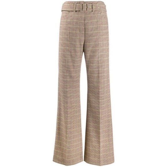 Nanushka Clara Plaid Belted Pants Trousers Flare Women's Large Tan Pockets Wool - Picture 1 of 9